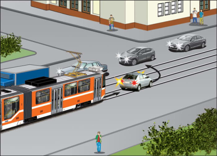 Покажи движение трамваев. Трамвай на повороте. Поворот налево с дороги с трамвайными путями. Поворот с трамвайных. Трамвайный разворот.