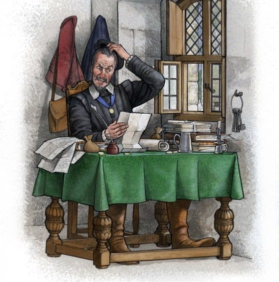 Illustration of a Renaissance period man scratching his head as he sits at a desk reading a letter.