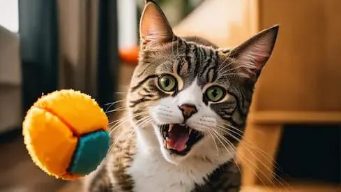 A photo of a cat playing with a toy