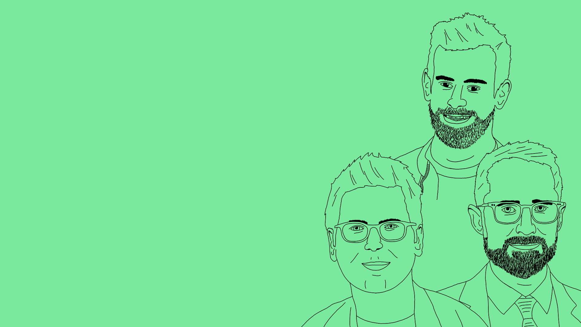 A green background with pencil drawings of the faces of the founders of Twitter Evan Williams, Biz Stone and Jack Dorsey on the right hand side