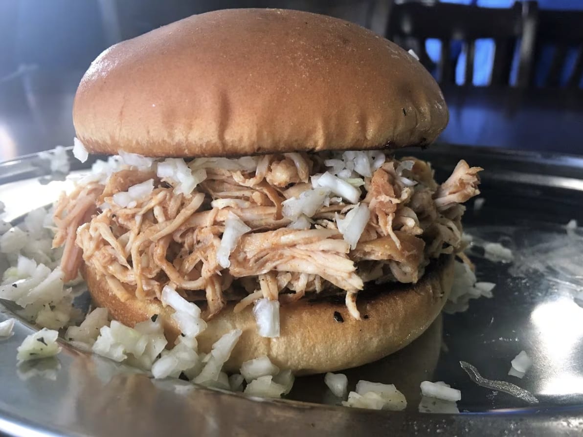 Pulled chicken sandwich at Boarhog's