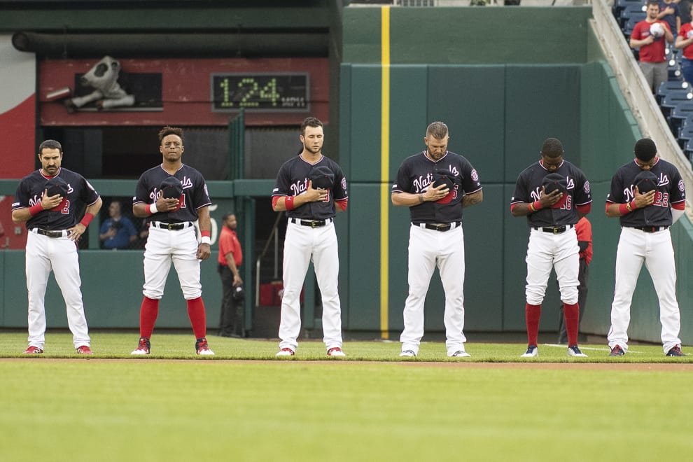 Nationals players stand for anthem