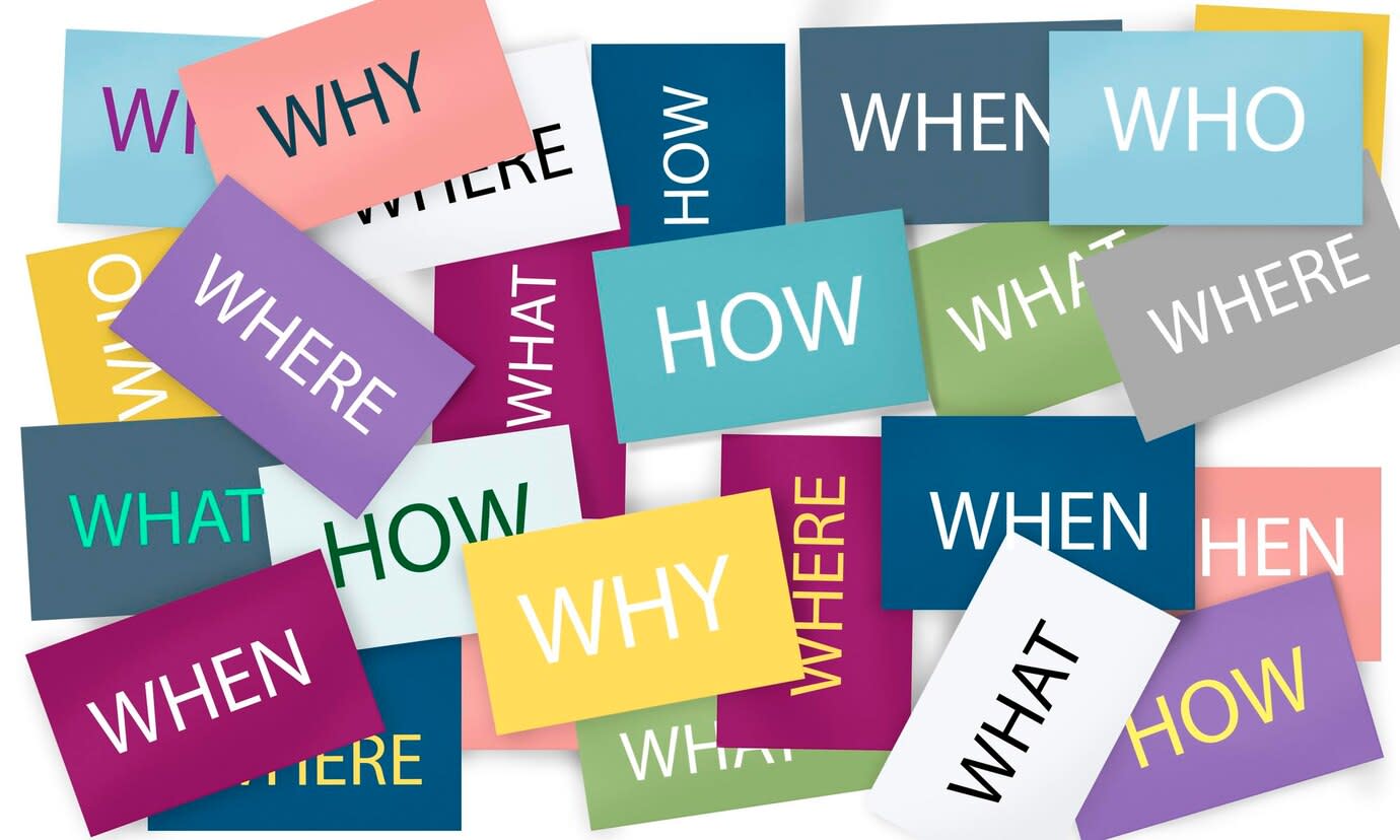 A number of partly overlapping coloured cards with the words WHAT, WHEN, HOW, WHO, WHY and WHERE repeated across the cards.