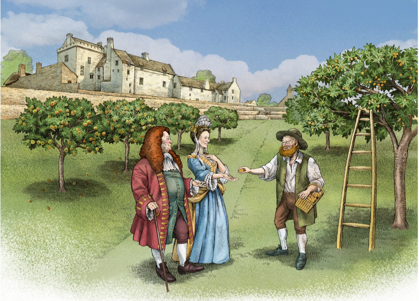 Illustration of a Renaissance period man and woman talking to a gardener in an apple orchard with Aberdour Castle in the background.