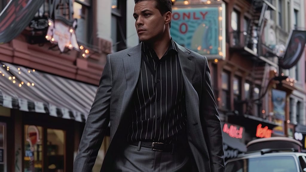 gray-sharkskin-suit-with-a-black-striped-shirt-with-a-popover-collar