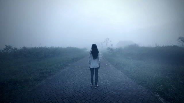 Person walking alone in a misty landscape