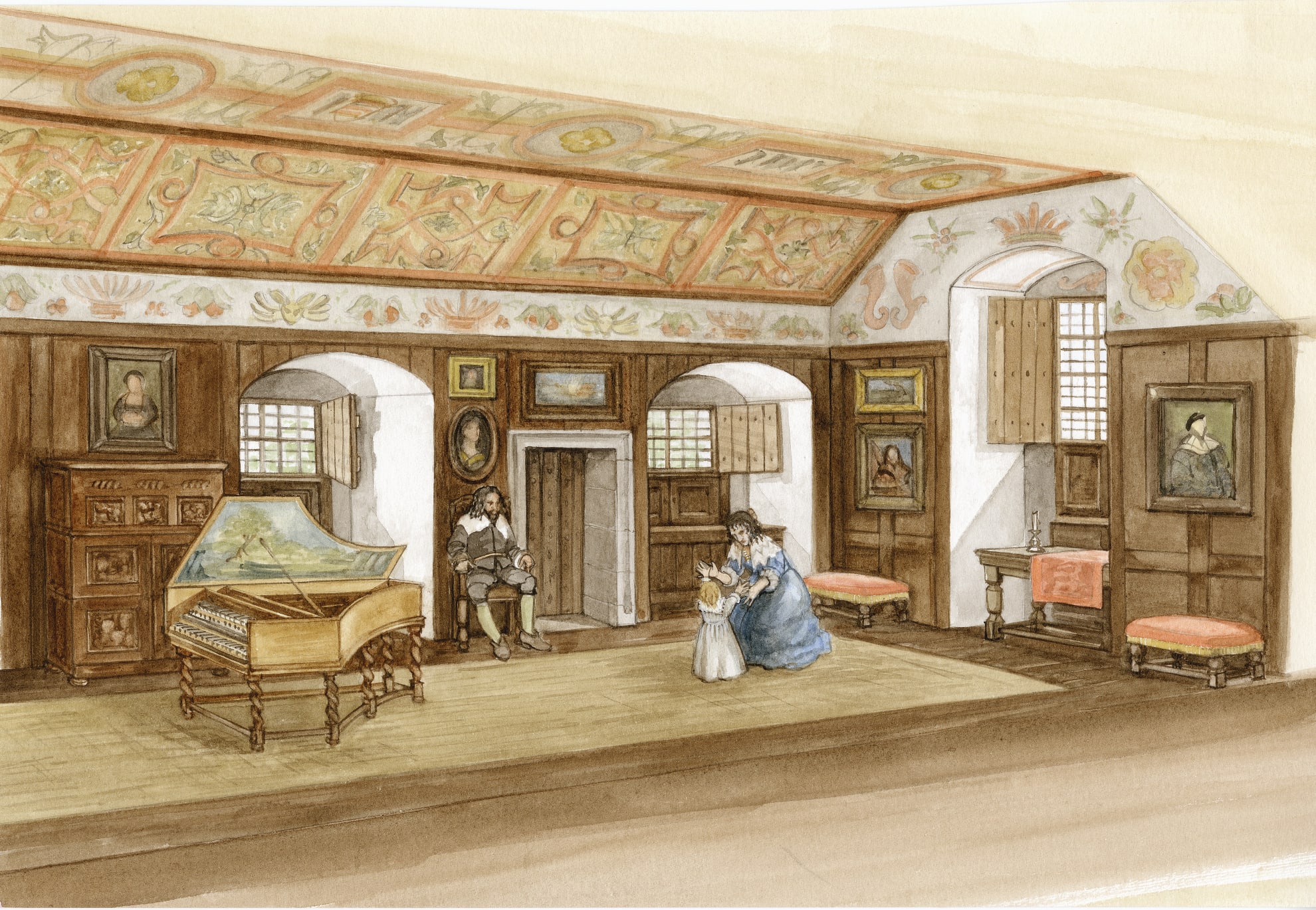 A reconstruction illustration of the long gallery at Aberdour in the 1600s, with a harpsicord, paintings on the walls, a man sitting and a lady playing with a little girl.