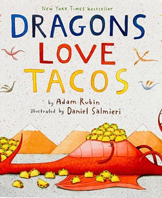 Children's illustration of a dragon eating tacos.