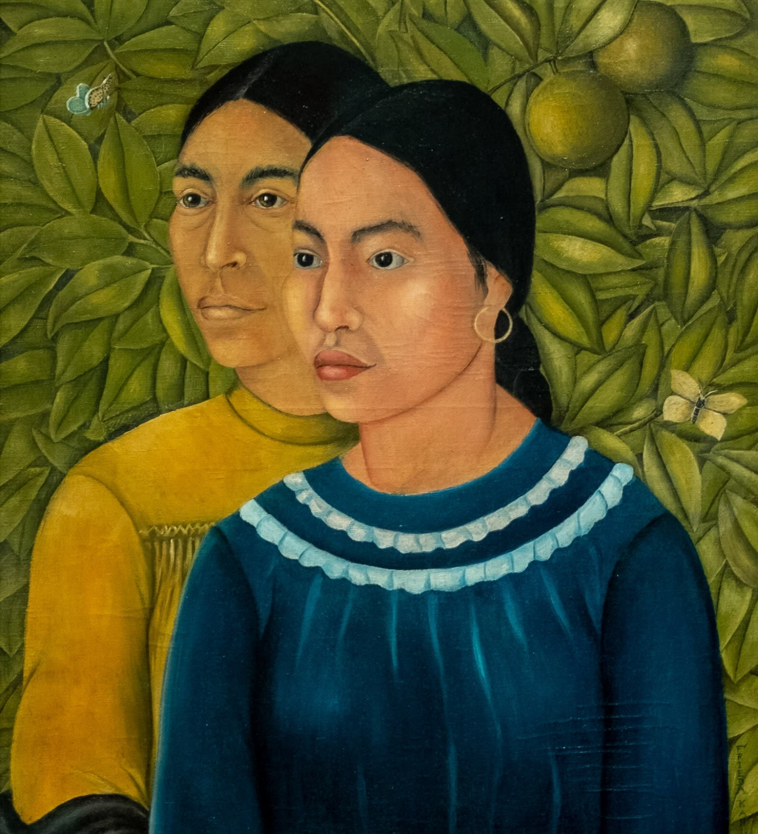 A painting depicting two women, one in front of the other.