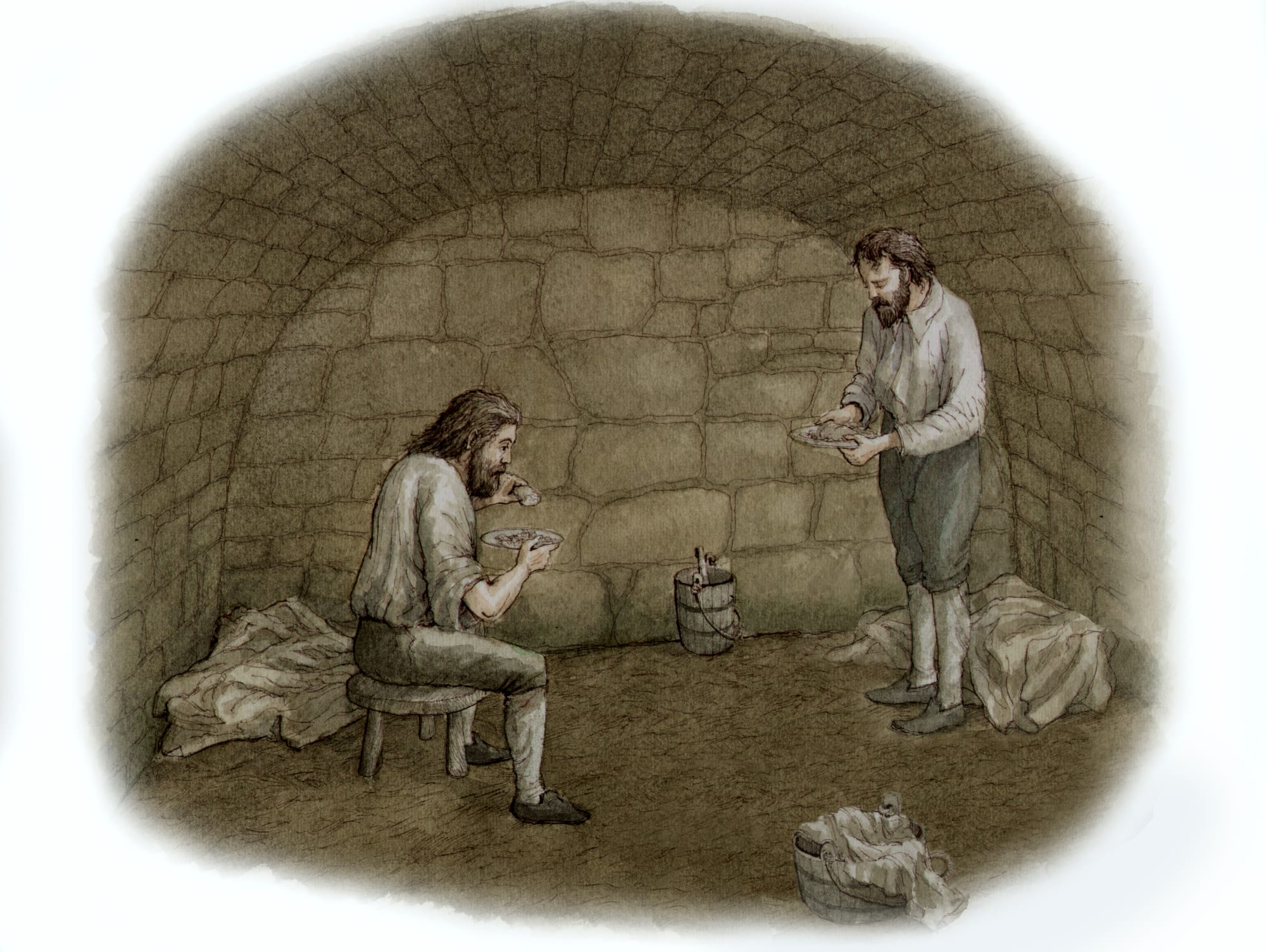 Illustration of two male prisoners inside a pit prison.