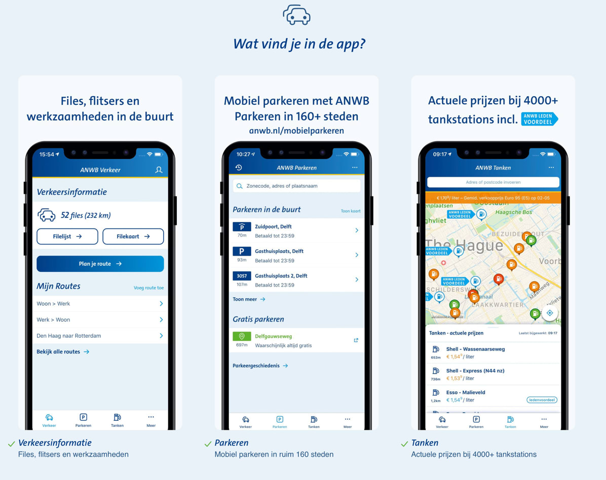 Screenshots van de ANWB Onderweg app