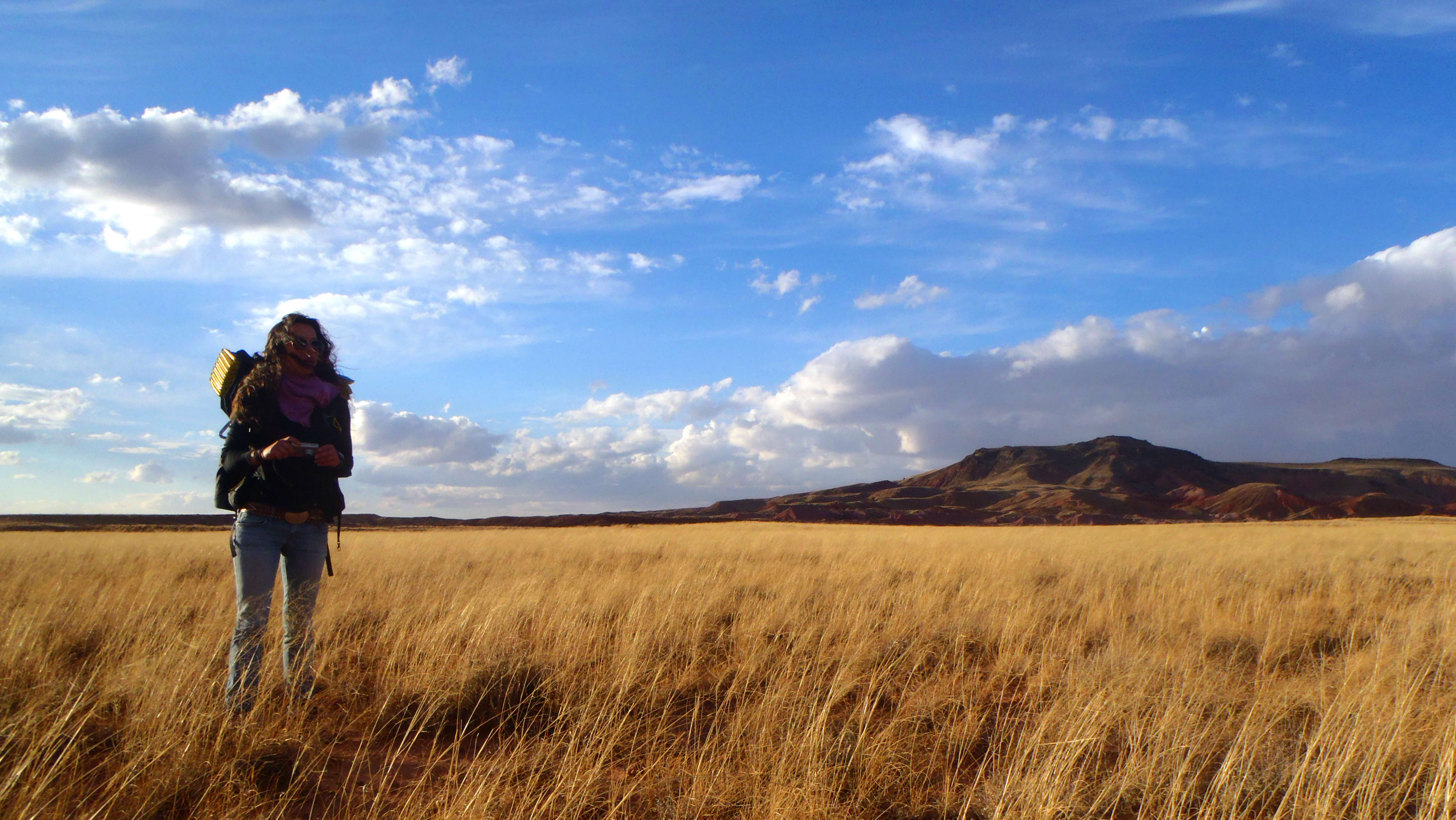 Backpacker_in_golden_grass_on_a_prairie%2C_dark_hill_in_right_background_under_a_partly_cloudy_sky