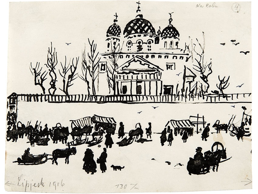 Veno Pilon, Na robu - Lipeck, 1916 (trg pred katedralo), 1965, tuš, papir