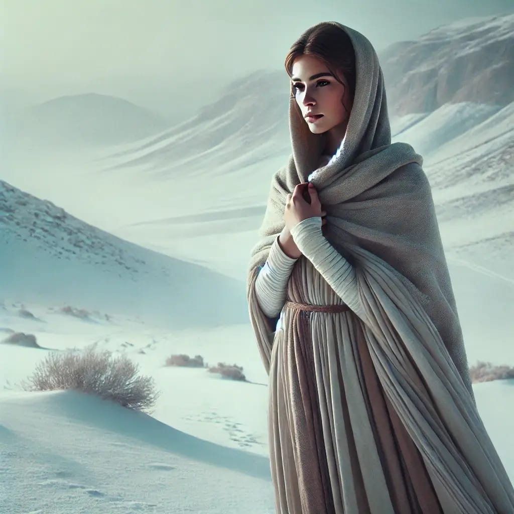 DALL·E 2025-02-19 13.02.19 - A biblical-era woman standing in a snowy landscape