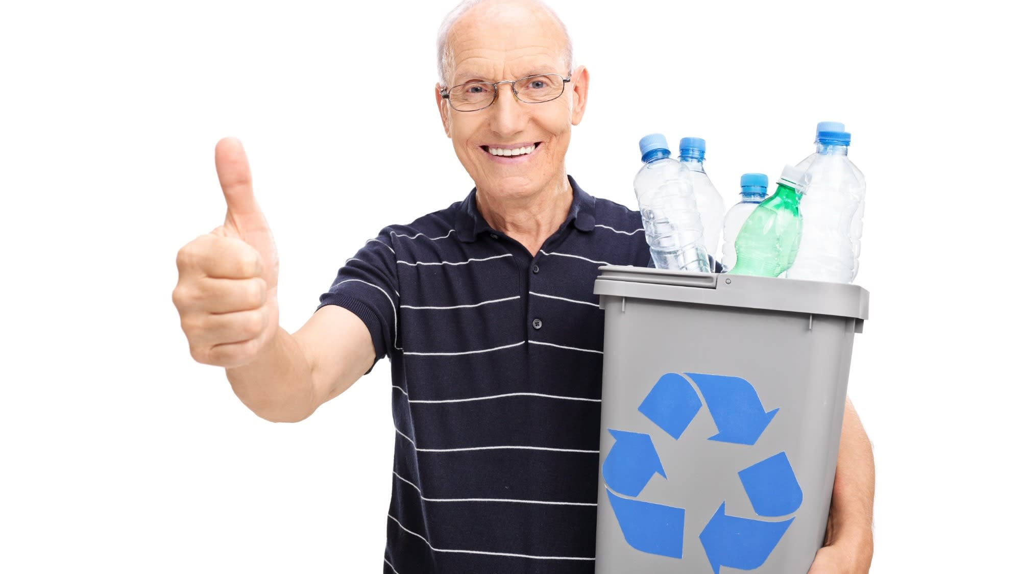 Person holding tub with recyclables and recycling symbol, giving thumbs up