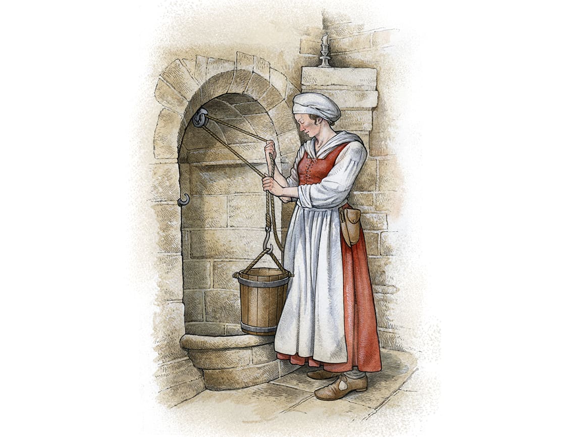 Illustration of a maid servant drawing water from a well.