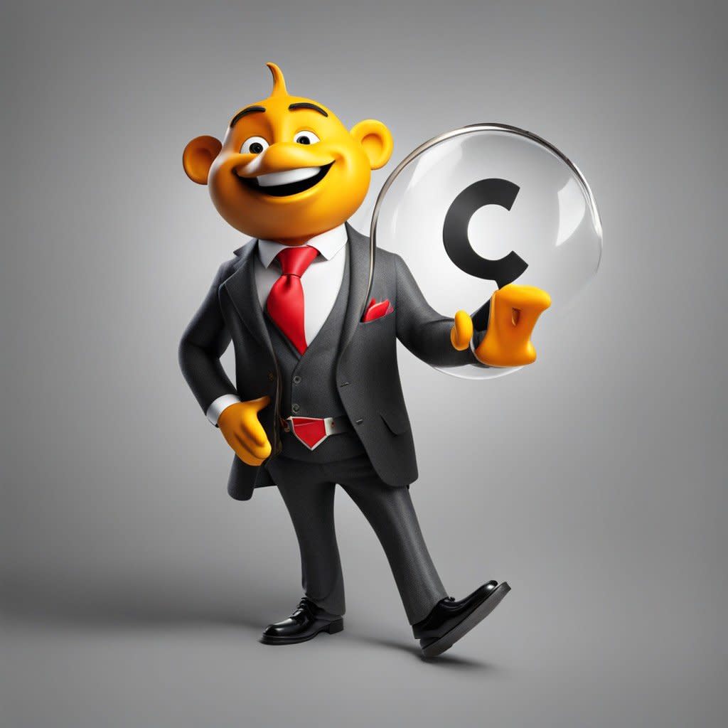 Cartoon character in a black suit, smiling and holding up a copyright symbol.