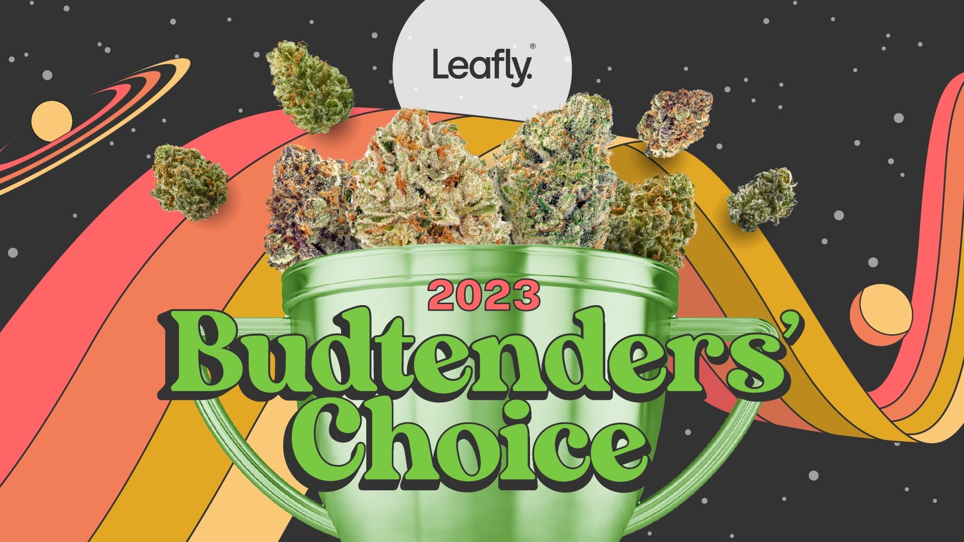 An awards trophy bursting with ganja and the words: "Leafly Budtenders' Choice 2023"