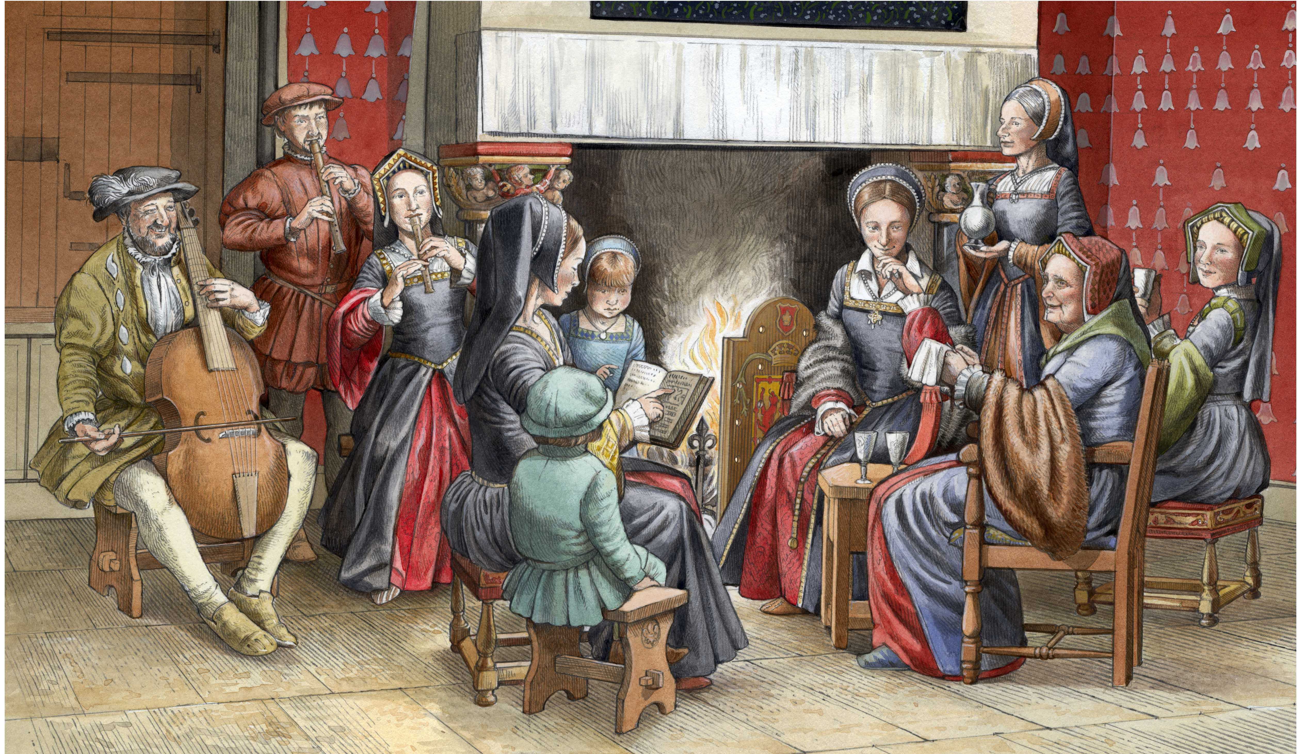 Colourful illustration of renaissance fireside Christmas scene