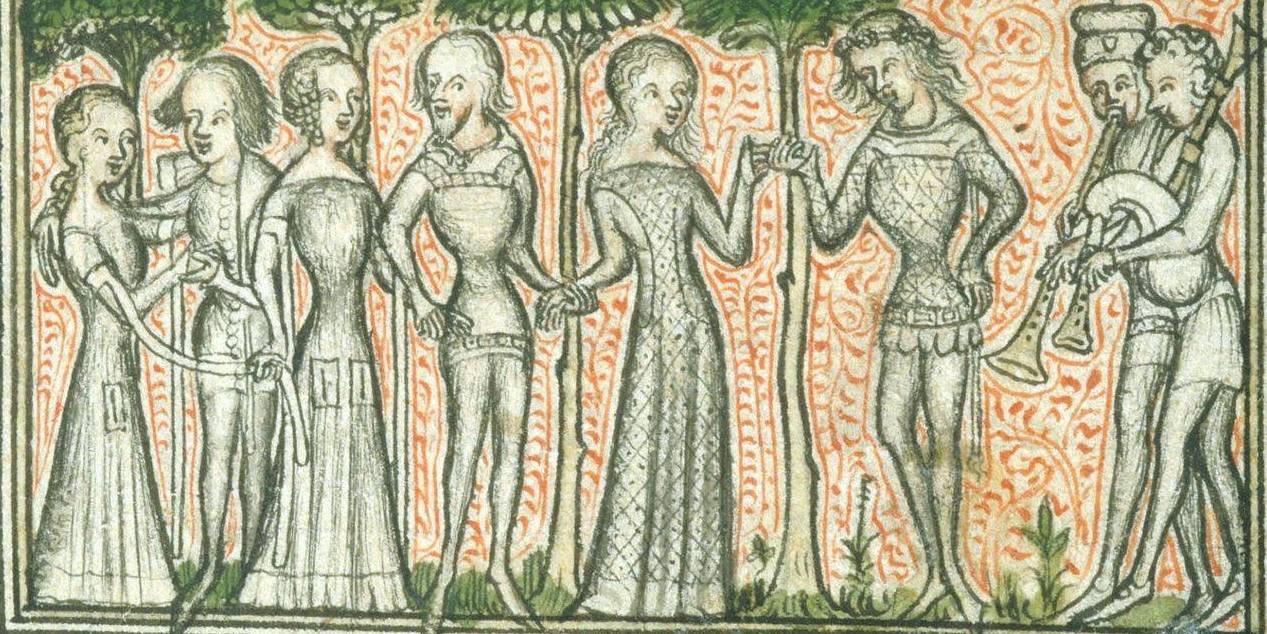 Three couples and two musicians dancing on a medieval manuscript.