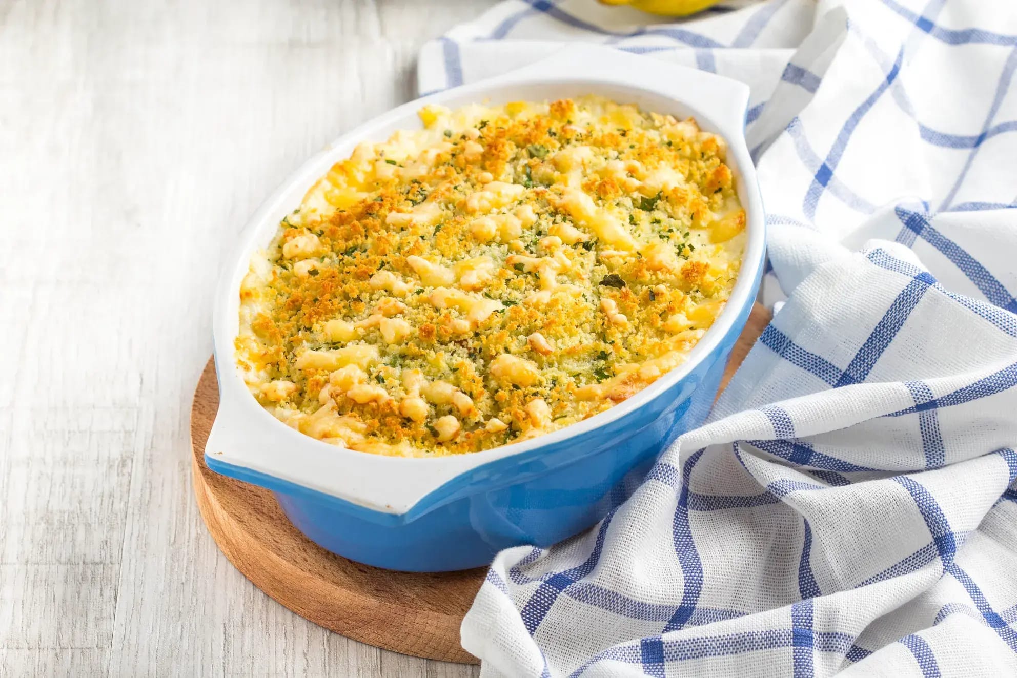 Photo of blue casserole pan with casserole inside