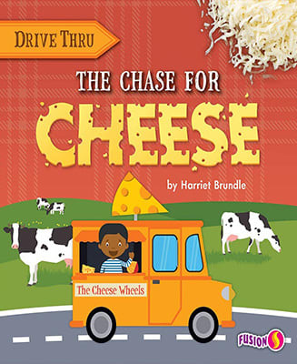 Illustration of a boy selling cheese with cows in the background.