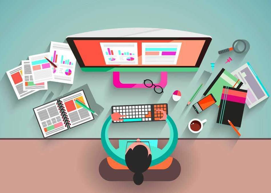 An animation image of a person sitting at a desk with papers around and a computer