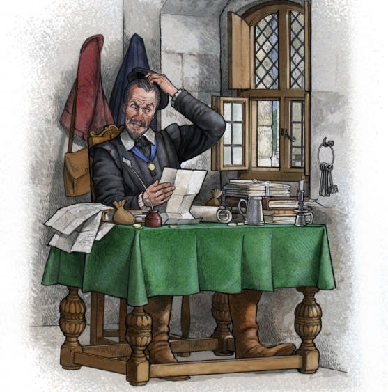Illustration of a Renaissance period man scratching his head as he sits at a desk reading a letter.