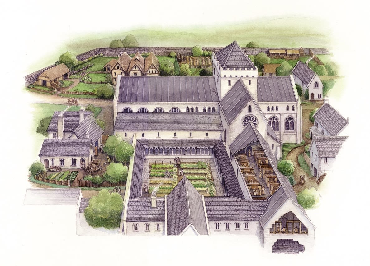 An artist's recreation of a large abbey with surrounding gardens and outbuildings