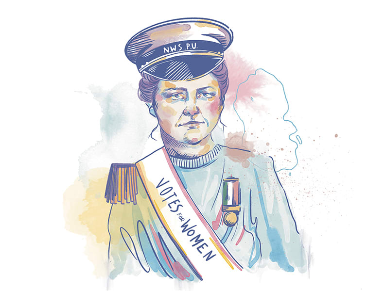 Flora Drummond wearing a Votes For Women sash, a hunger strike medal and a military cap