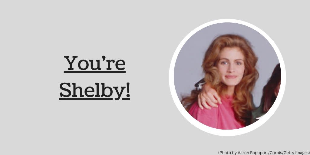 "You're Shelby!" beside photo of Julia Roberts in Steel Magnolias publicity photo