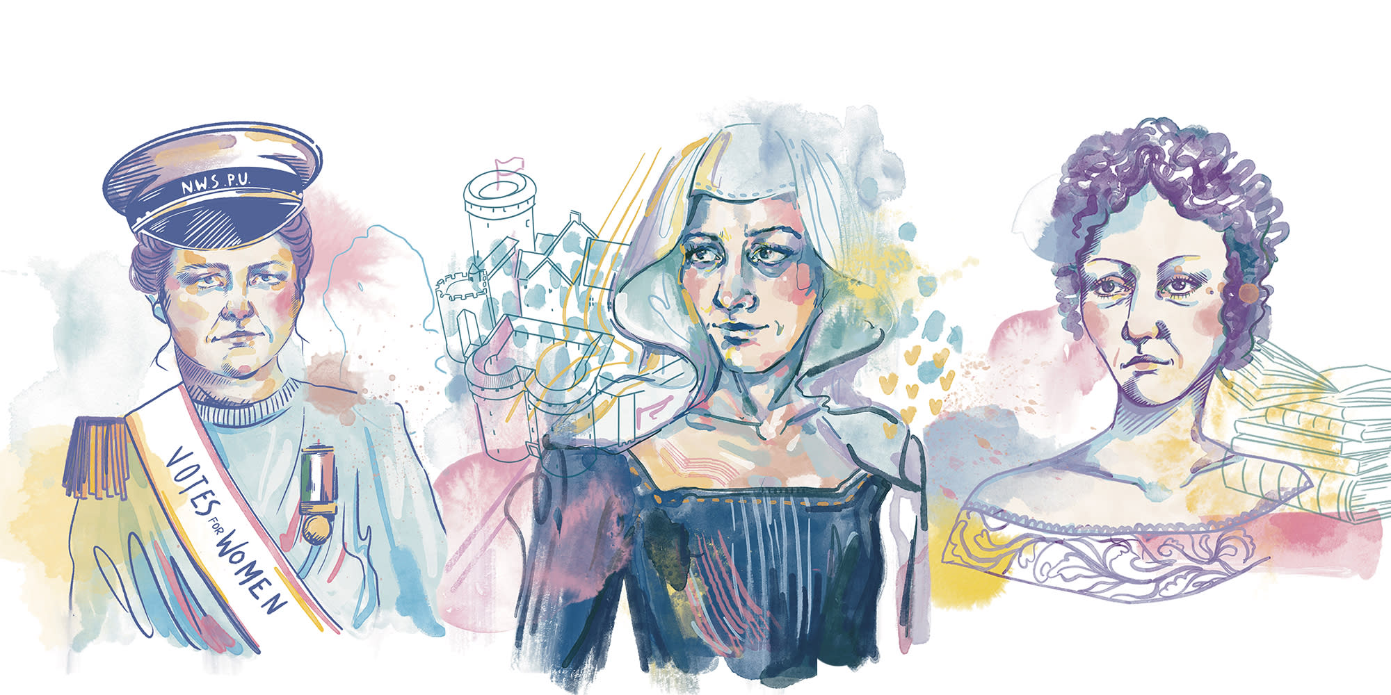 Three women from different time periods beside one another