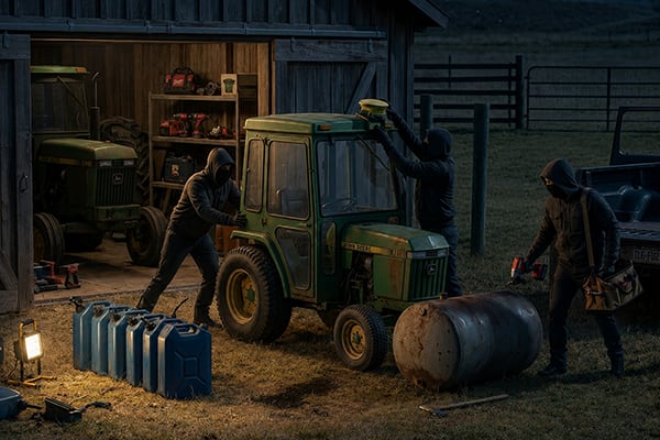 An-offender-enters-a-barn-at-night-and-steals-tractors,-tools,-or-GPS-equipment