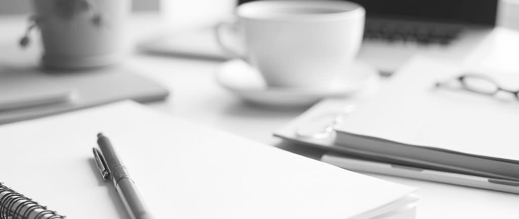 A bright organised workspace with notebooks, pens, and a cup of coffee