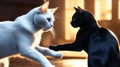 A black cat and a white cat fighting each other (1)