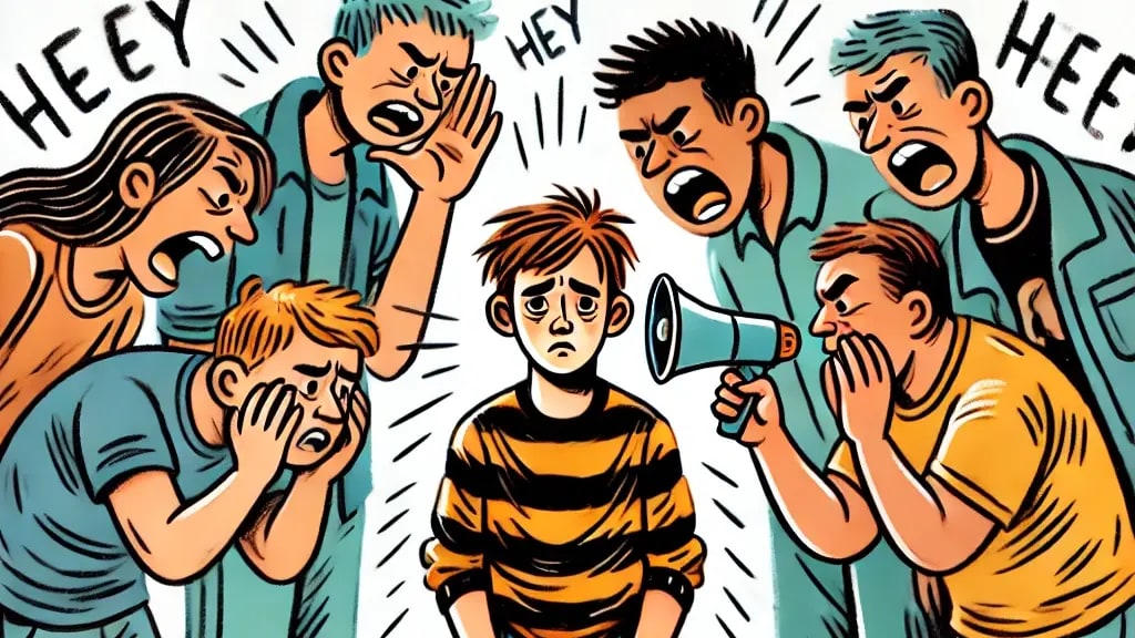 DALL·E 2024-11-07 12.16.32 - Illustration of a teenage boy being shouted at by several figures around him