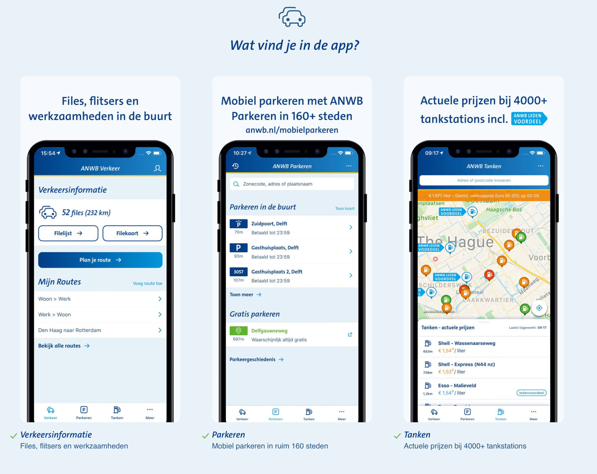 Screenshots van de ANWB Onderweg app