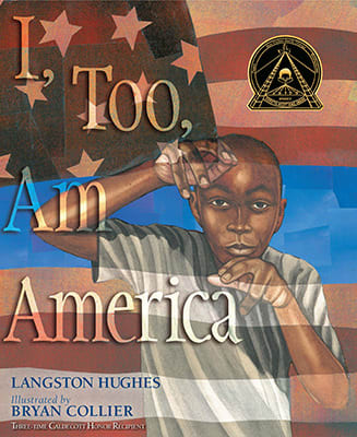 Painting of a Black boy revealing a curtain of an American flag.