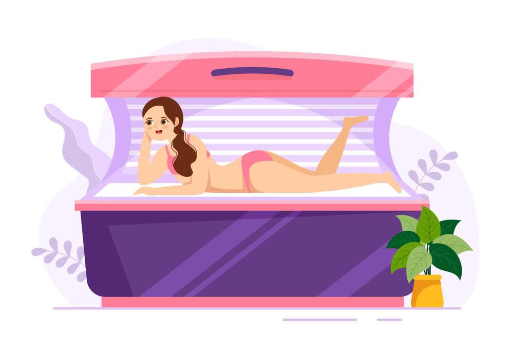 tanning-bed-procedure-to-get-exotic-skin-with-modern-technology-at-the-spa-salon-solarium-in-flat-cartoon-hand-drawn-templates-illustration-vector
