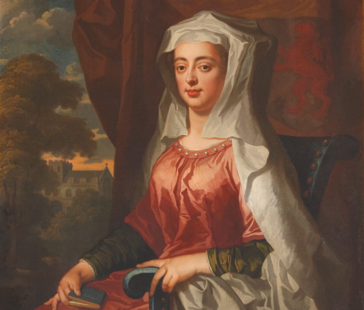 Painting of a woman in luxurious clothes wearing a headdress