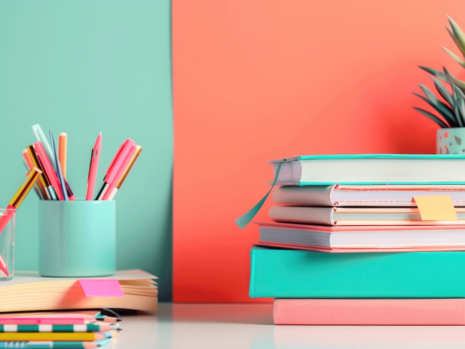vecteezy_stack-of-books-on-a-white-table-with-a-pastel-coral-background_47457393