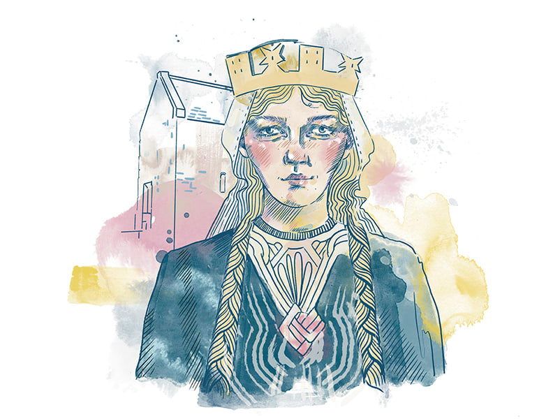 Saint Margaret, with long plaited blond hair and an intricate dress.