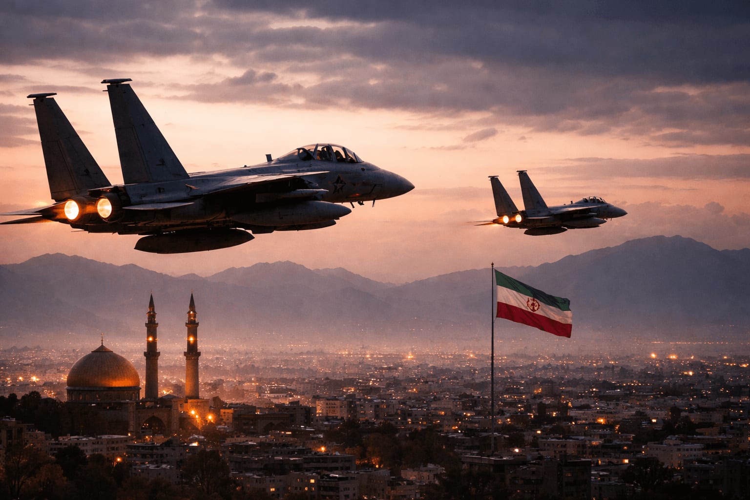 מטוסי F-15E מעל טהראן בשעת דמדומים