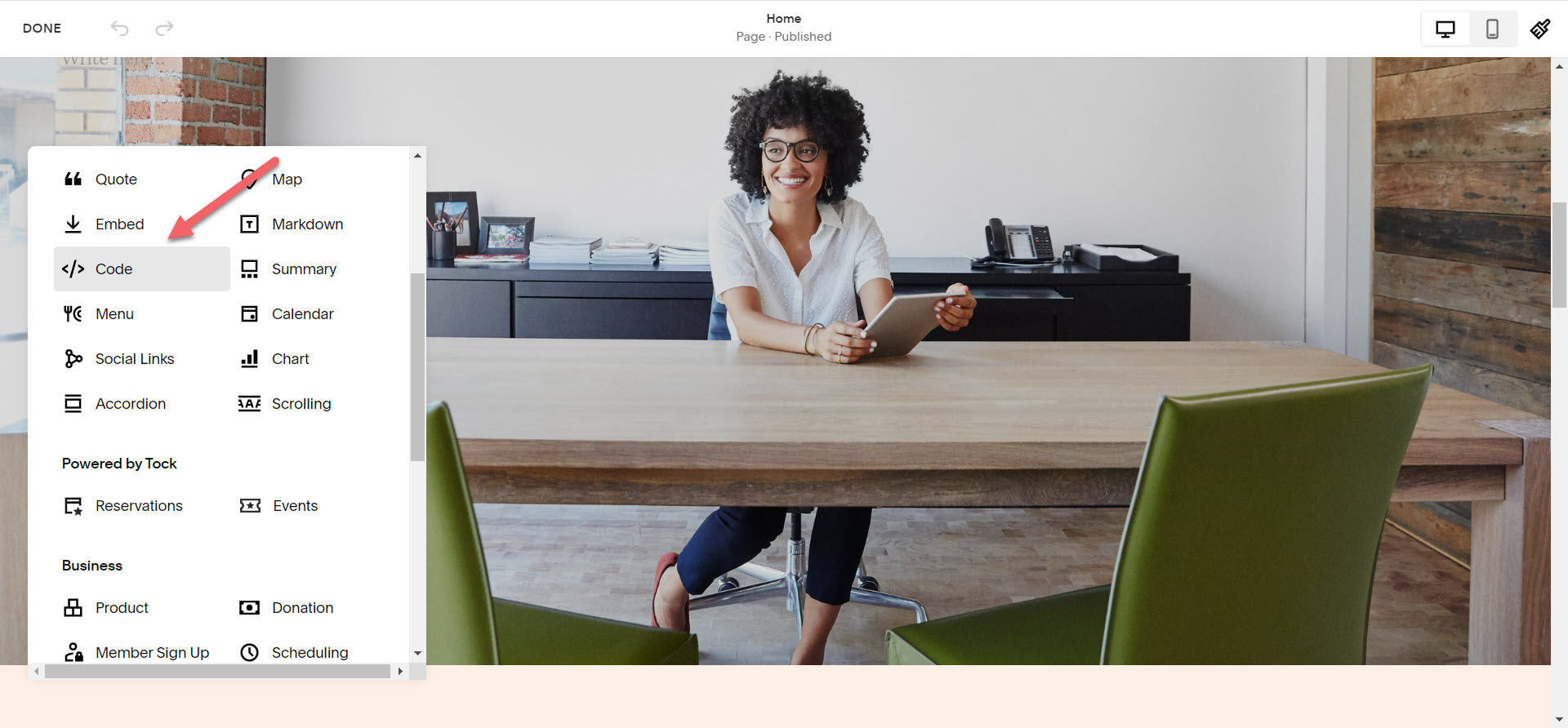 select code block in squarespace block menu