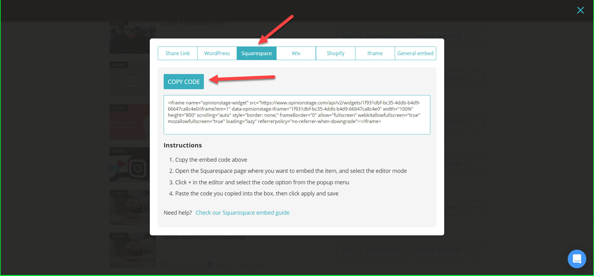 squarespace embed code