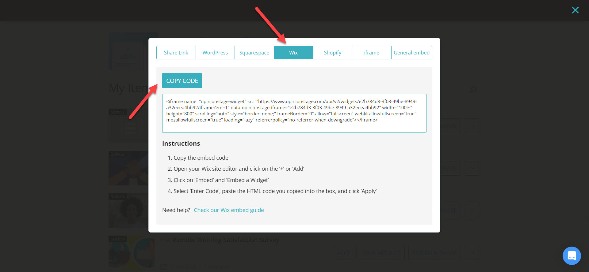 copy wix embed code