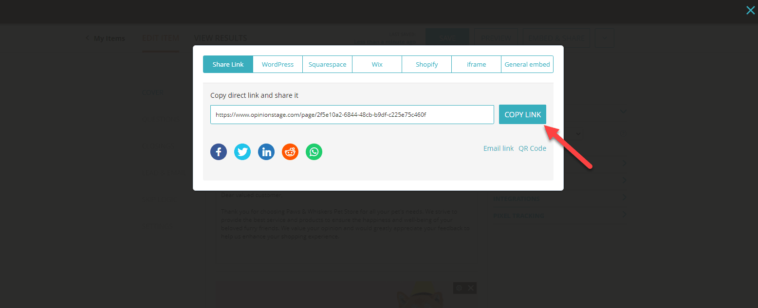 copy the survey email link