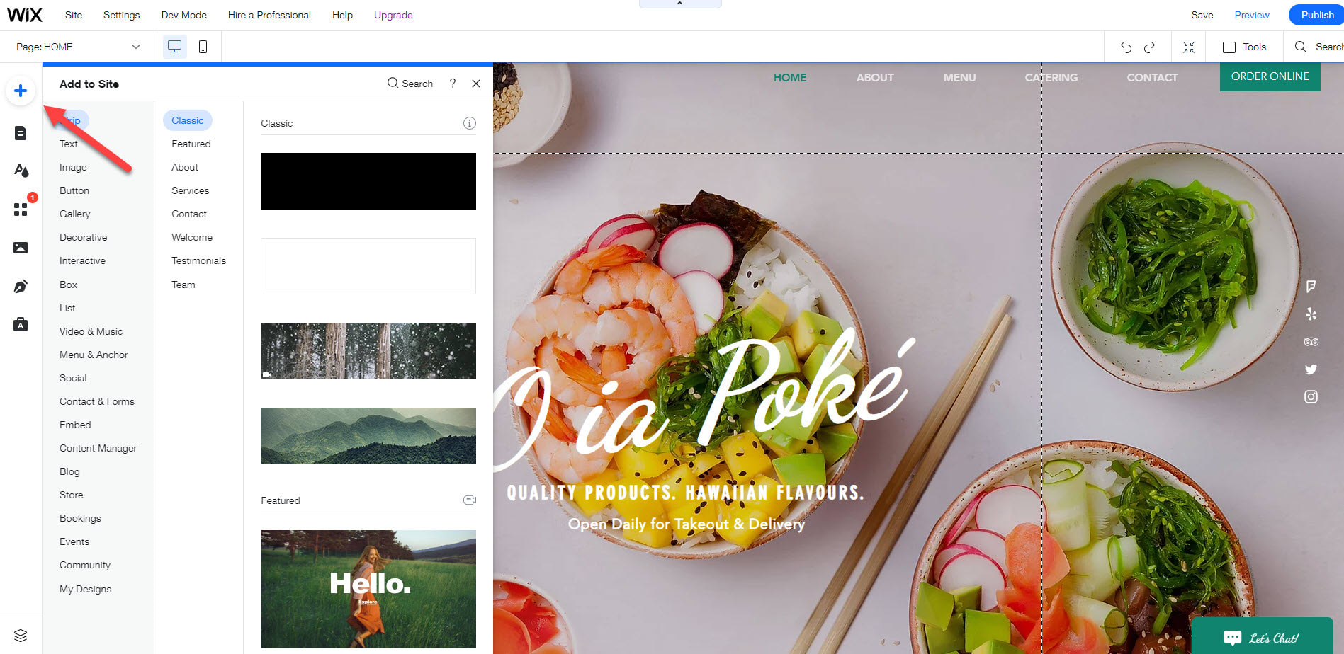 Wix editor - click on add